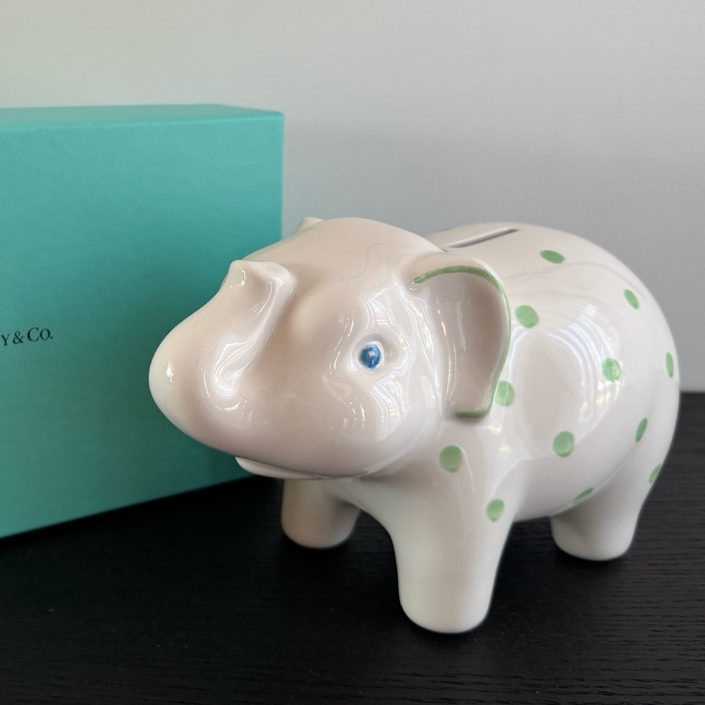 White and green hand-painted ceramic Tiffany & Co. elephant piggy bank